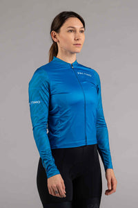 Women's Long Sleeve Blue Bike Jersey - Front View