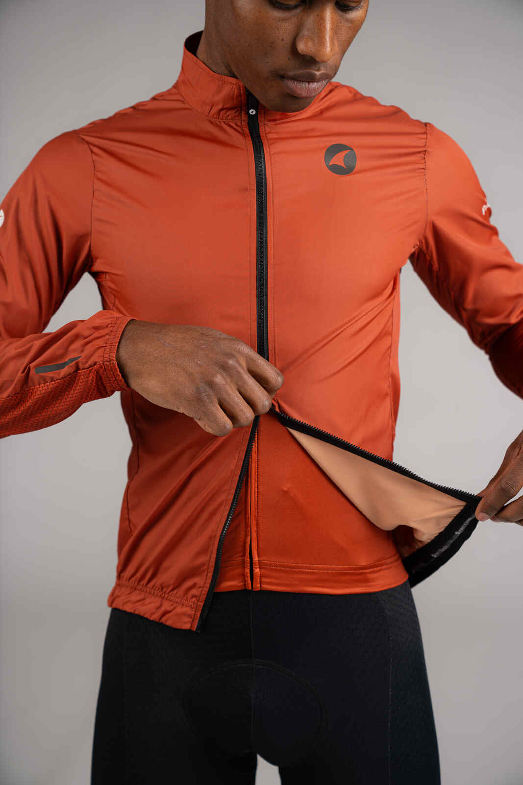 Men's Packable Burnt Orange Cycling Wind Jacket - Two-Way Zipper