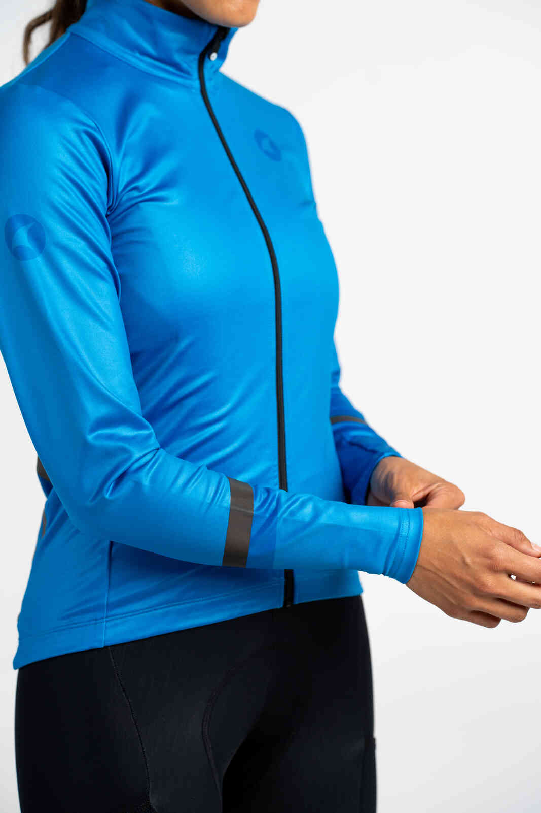 Women's Blue Thermal Cycling Jersey - Reflective Sleeves