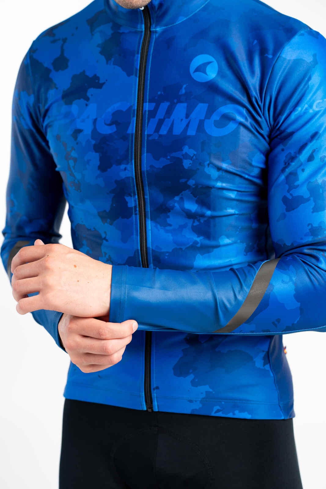Men's Blue Camo Thermal Long Sleeve Cycling Jersey - Reflective Sleeves