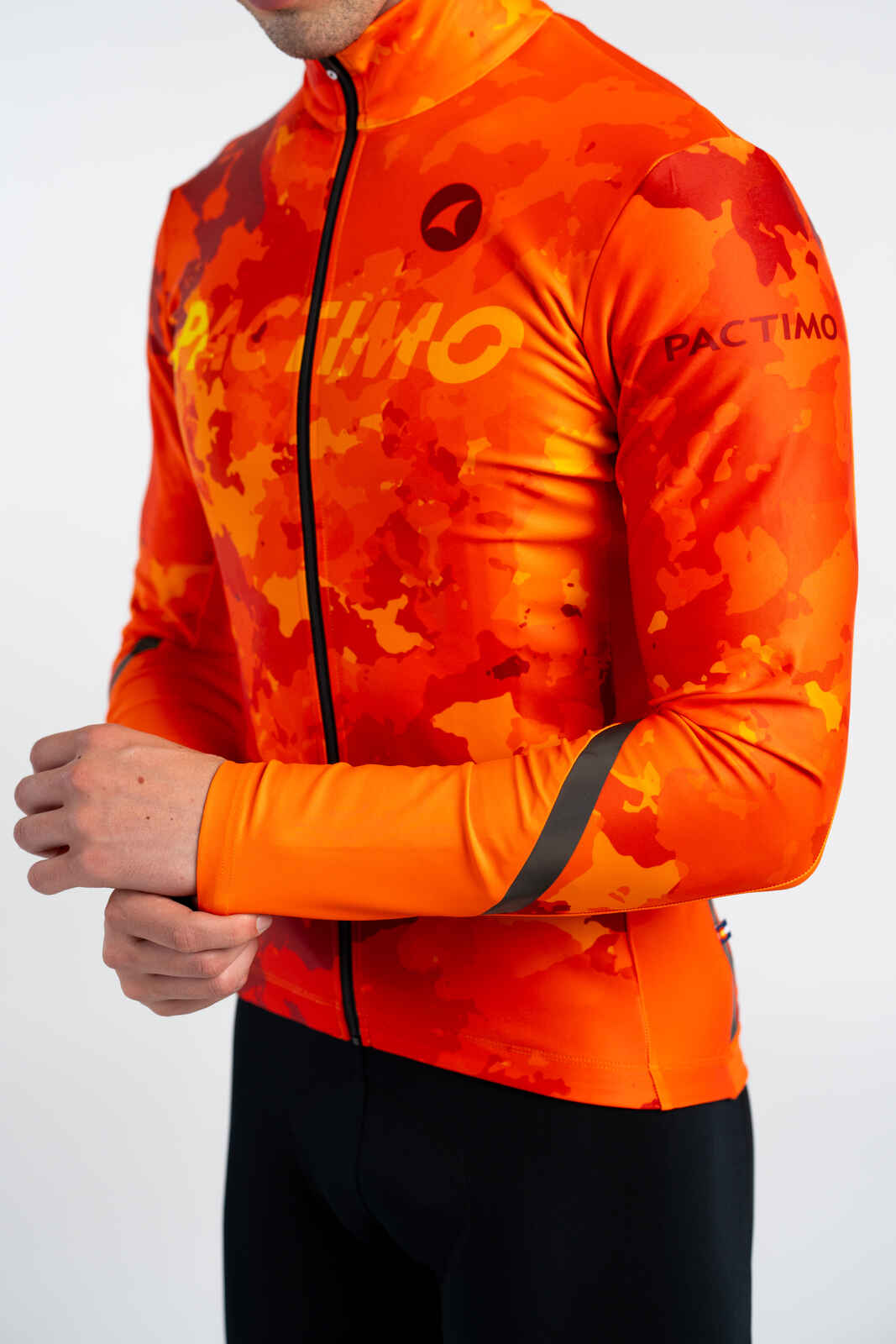 Men's Flame Red Camo Thermal Long Sleeve Cycling Jersey - Reflective Sleeves