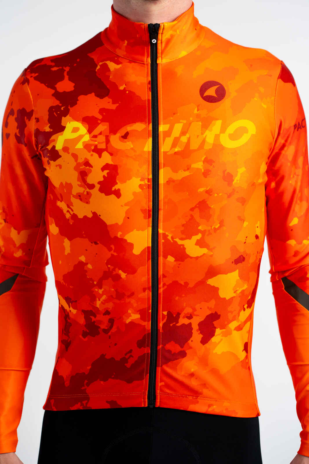 Men's Flame Red Camo Thermal Long Sleeve Cycling Jersey - Front Close-Up