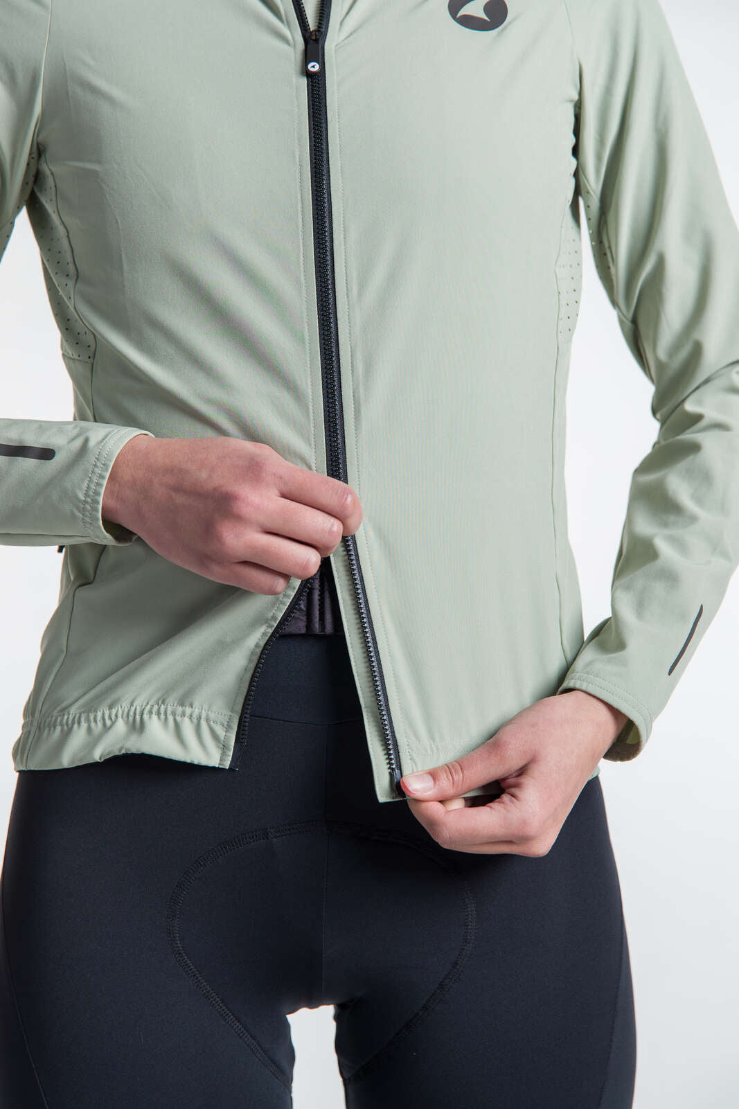 Women's Sage Green Packable Cycling Jacket - Summit Shell Two-Way Zipper
