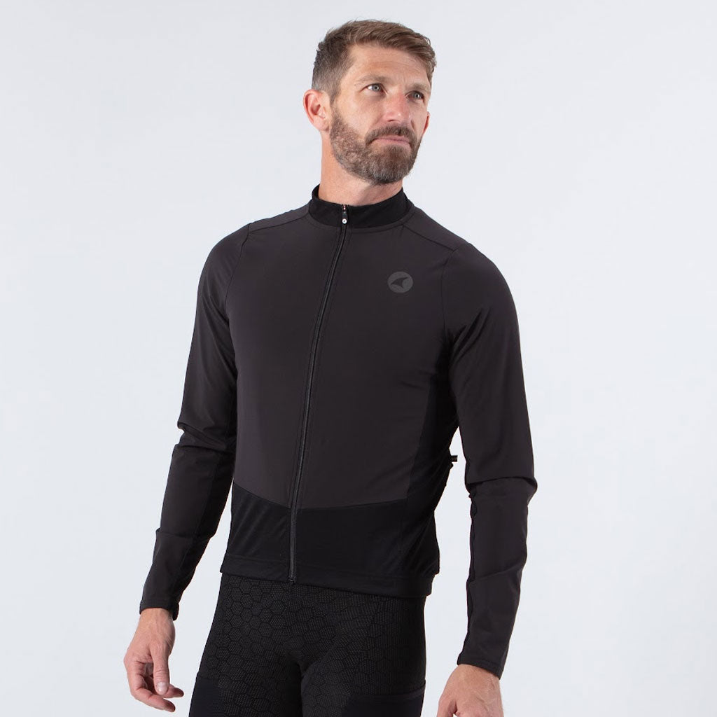 Men's Black Wind Resistant Long Sleeve Cycling Jersey Front View 