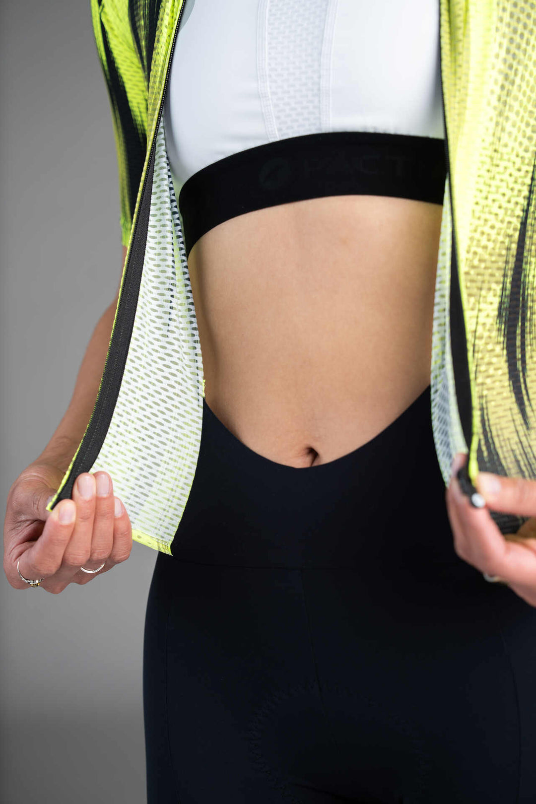 Women's Black and High-Viz Yellow Mesh Cycling Skinsuit - Front Unzipeed