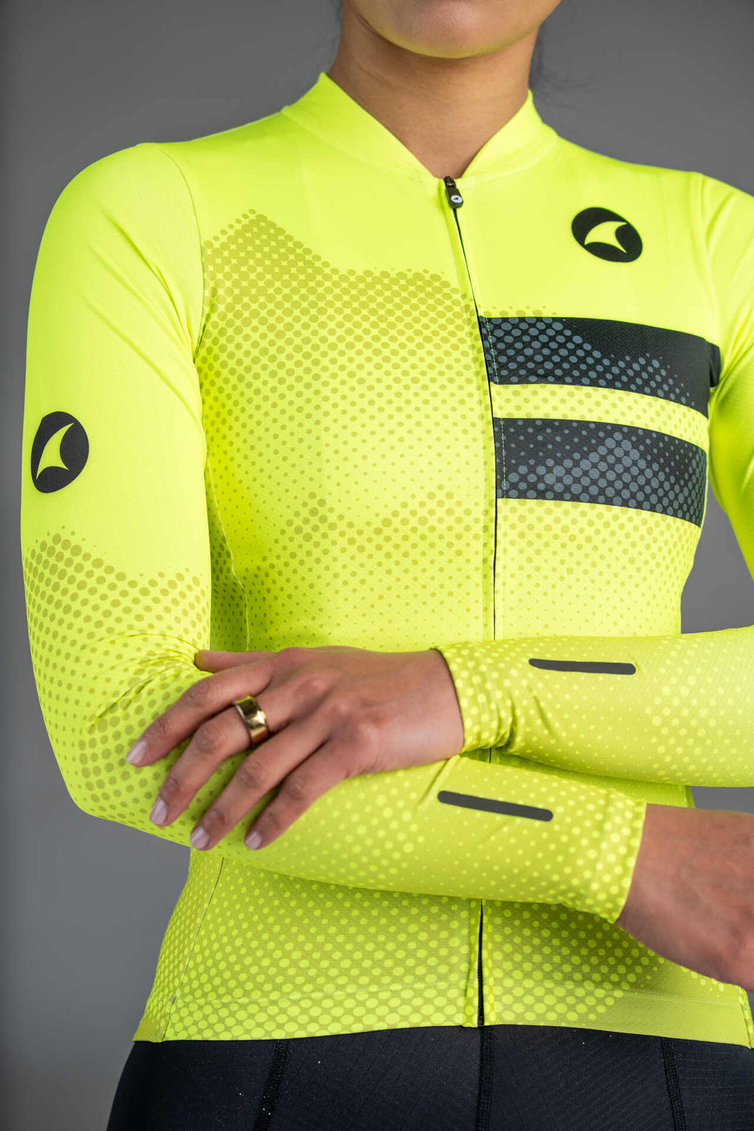 Women's High-Viz Yellow Ascent Aero Long Sleeve Cycling Jersey - Front Close-Up