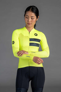 Women's High-Viz Yellow Ascent Aero Long Sleeve Cycling Jersey - Front View