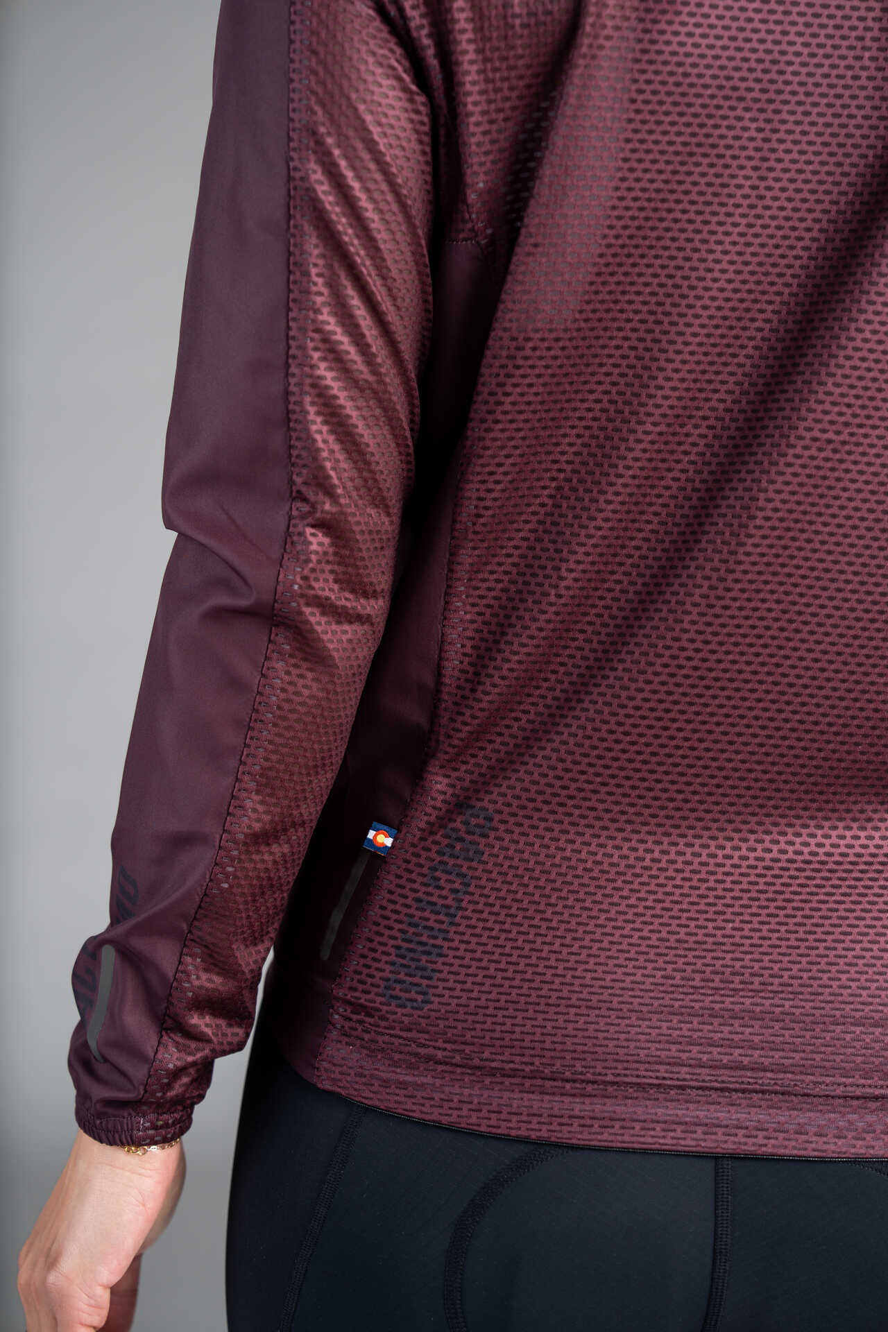 Women's Burgundy Packable Cycling Wind Jacket - Mesh Fabric Close-Up