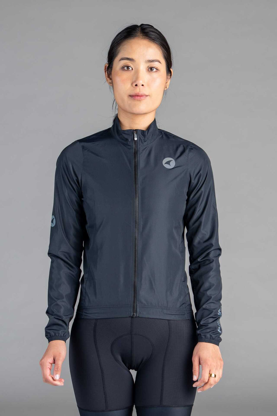 Women's Black Packable Cycling Wind Jacket - Front View