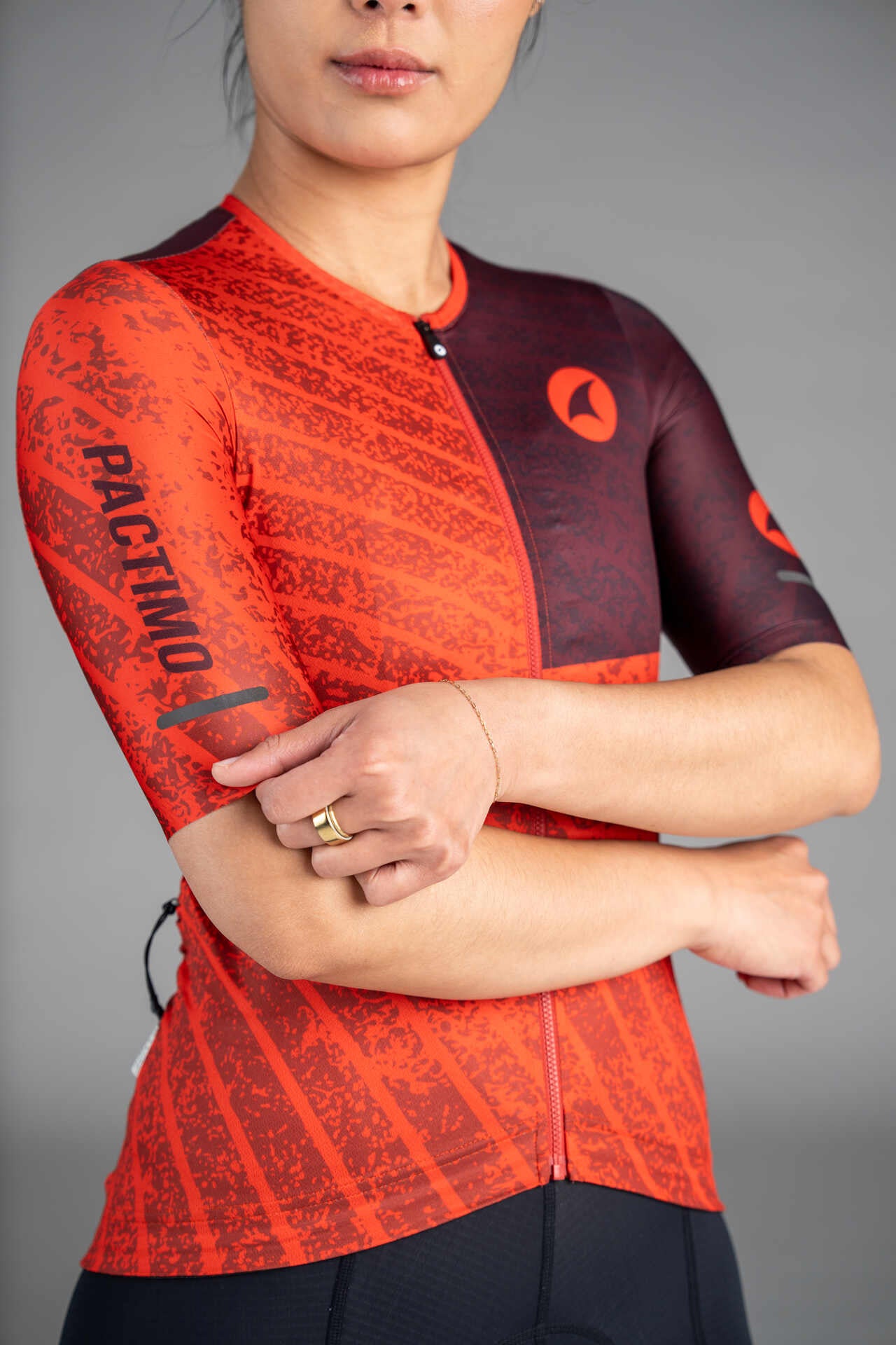 Women's Red and Burgundy Aero Cargo Cycling Jersey - Front Close-Up