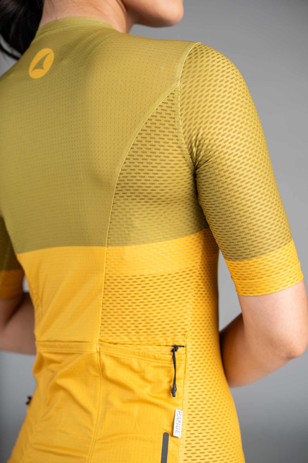Women's Golden Yellow Aero Mesh Cargo Cycling Jersey - Side View Close-Up