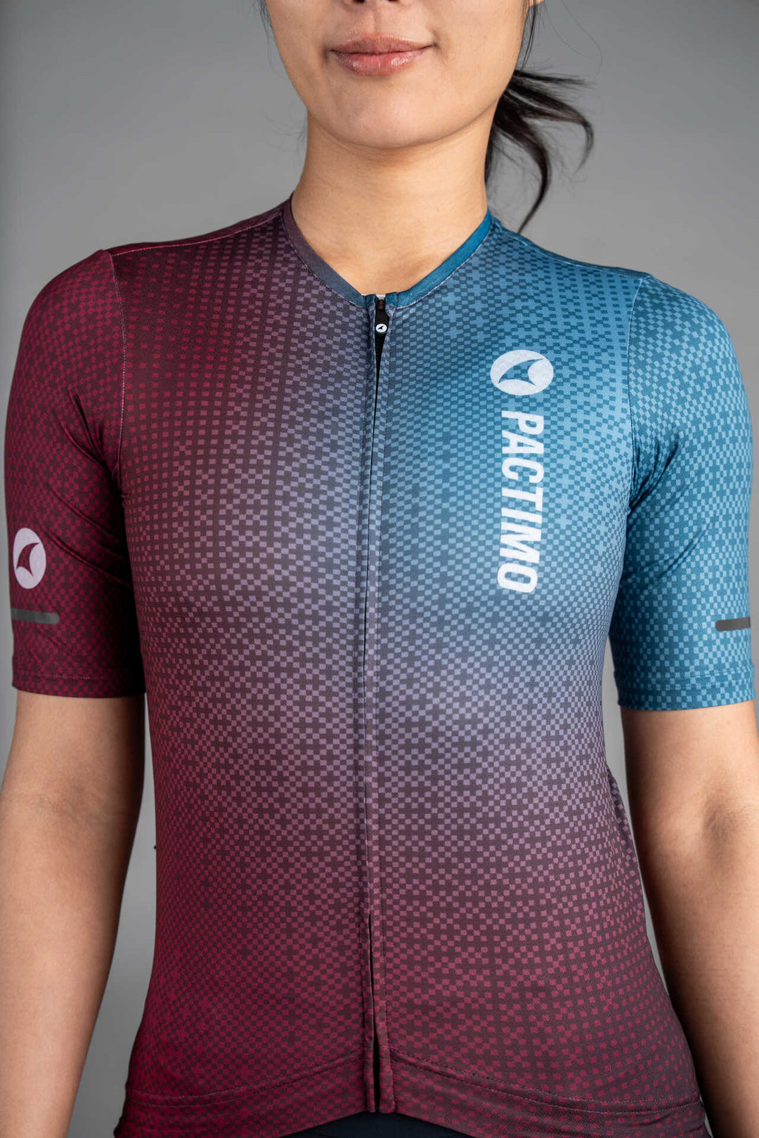 Women's Burgundy and Blue Summit Cycling Jersey - Front Close-Up