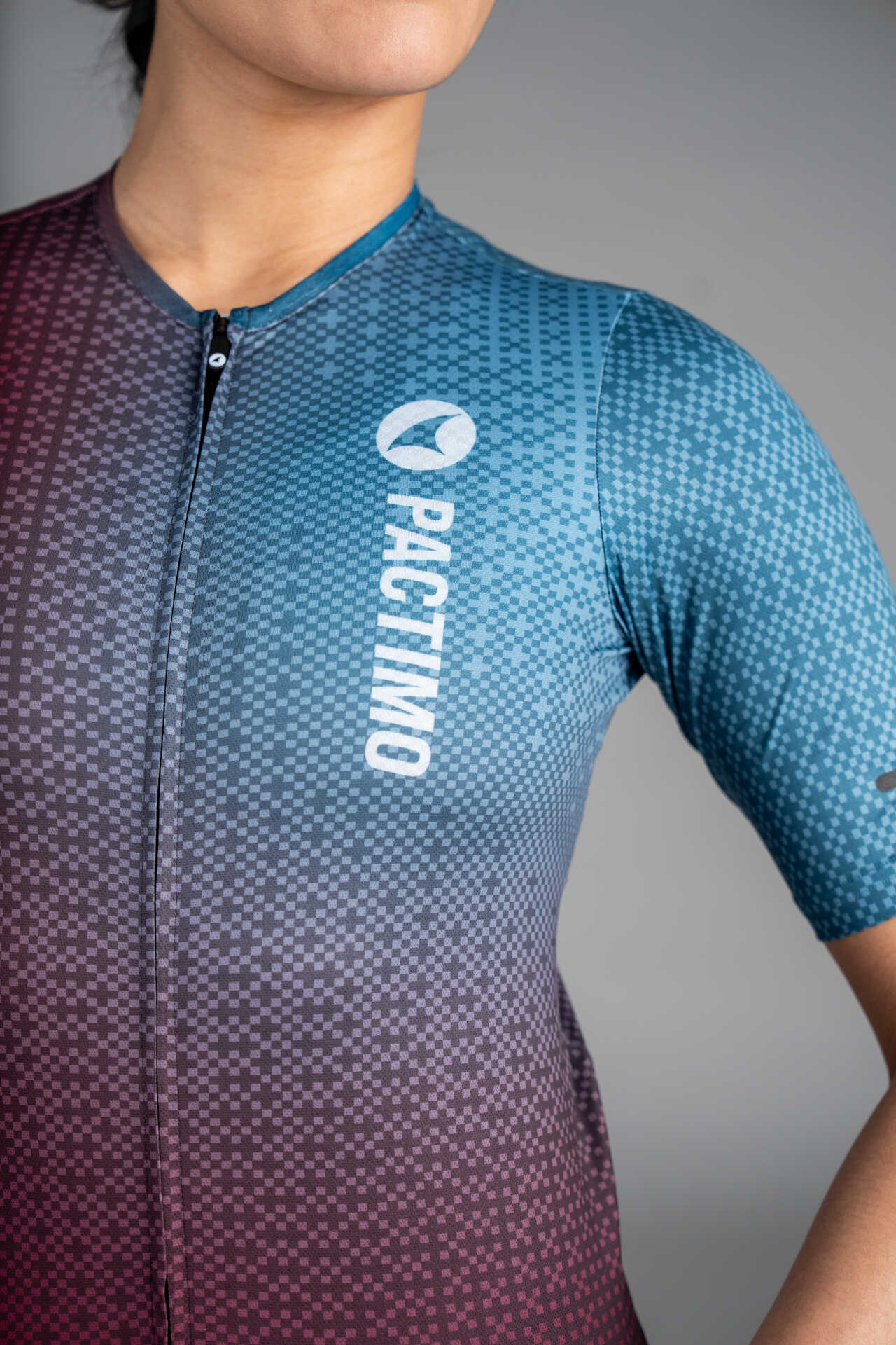 Women's Burgundy and Blue Summit Cycling Jersey - Front Pactimo Logo Close-Up
