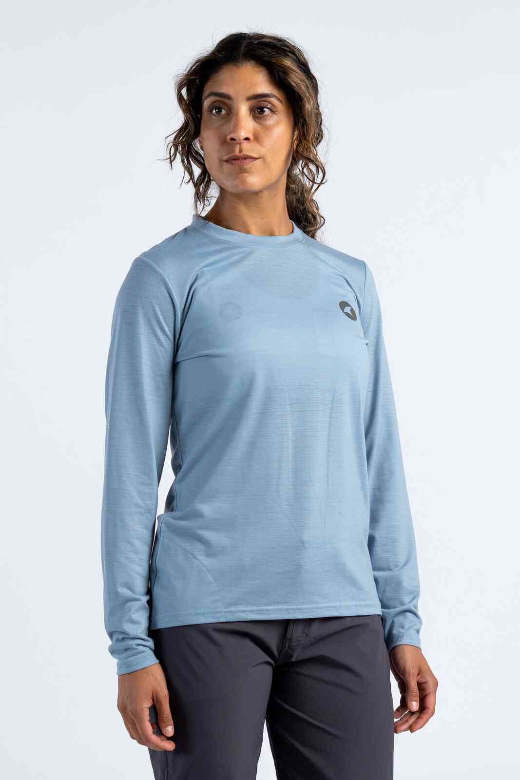 Women's Merino Wool Long Sleeve MTB Jersey - Light Blue Front View