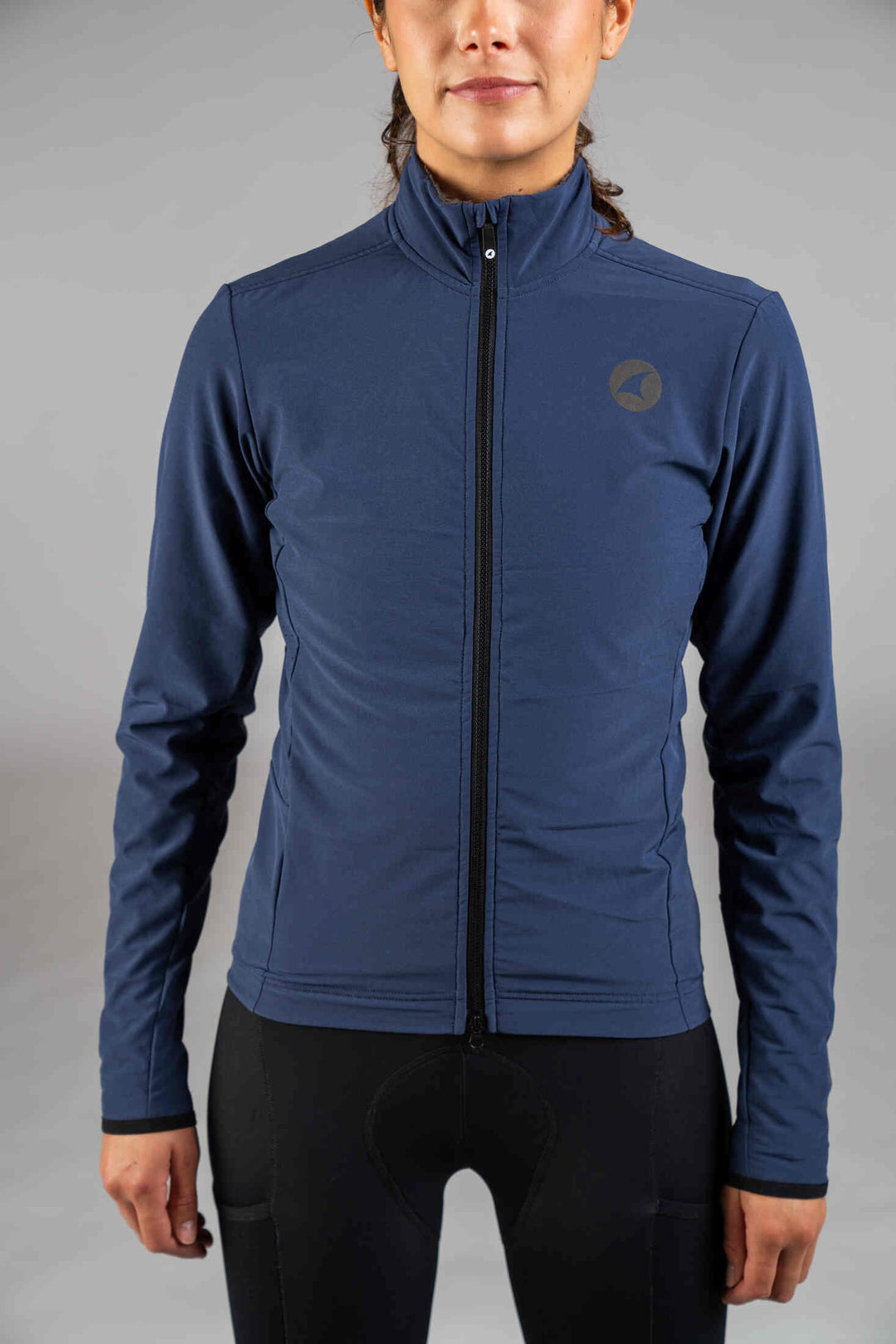 Women's Navy Blue Thermal Cycling Jacket - Front Close-Up