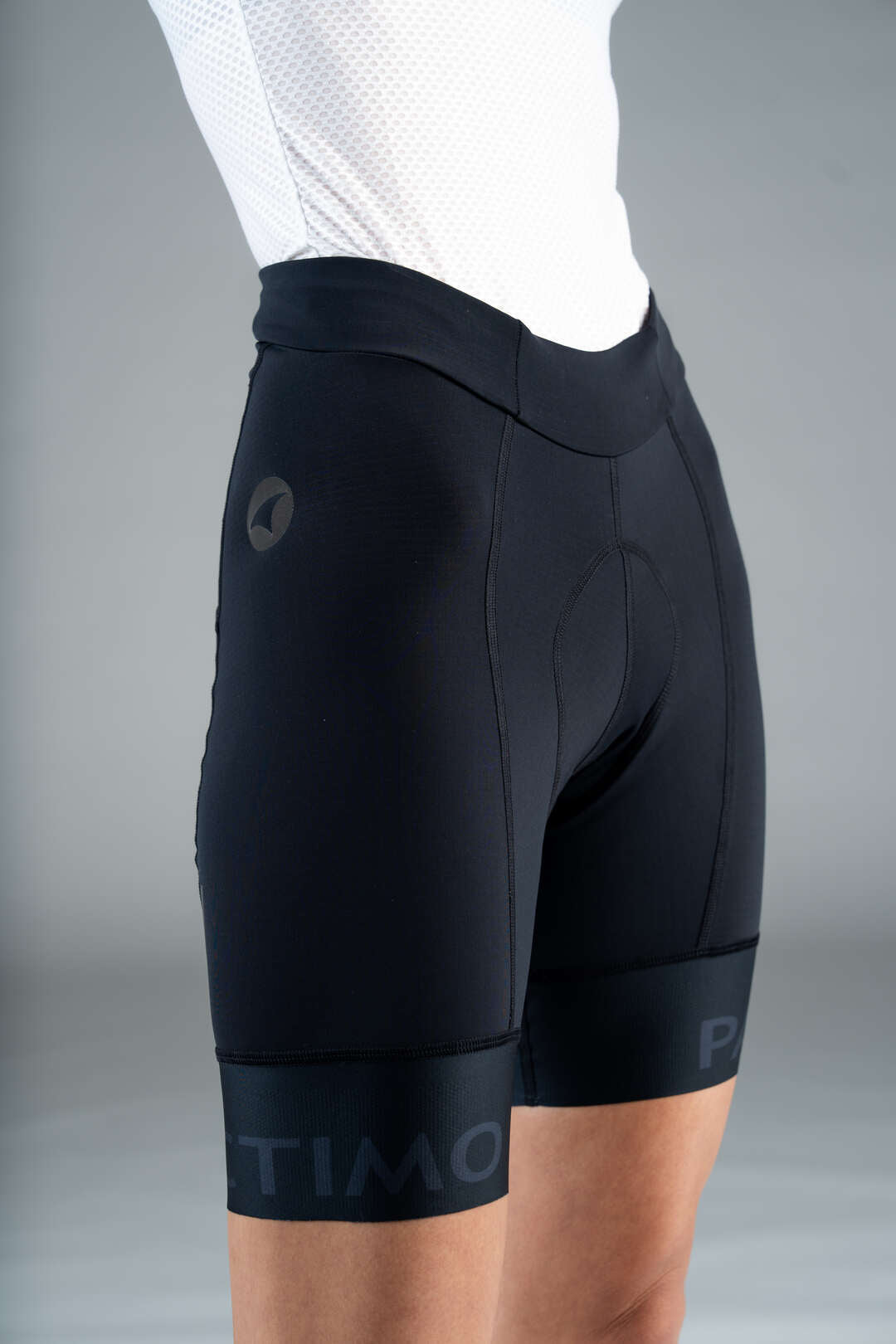 Women's Black Long Length Padded Bike Shorts - Front Close-Up