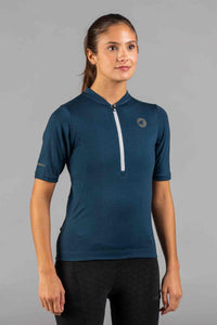 Women's Navy Blue Merino Wool Cycling Jersey - Front View