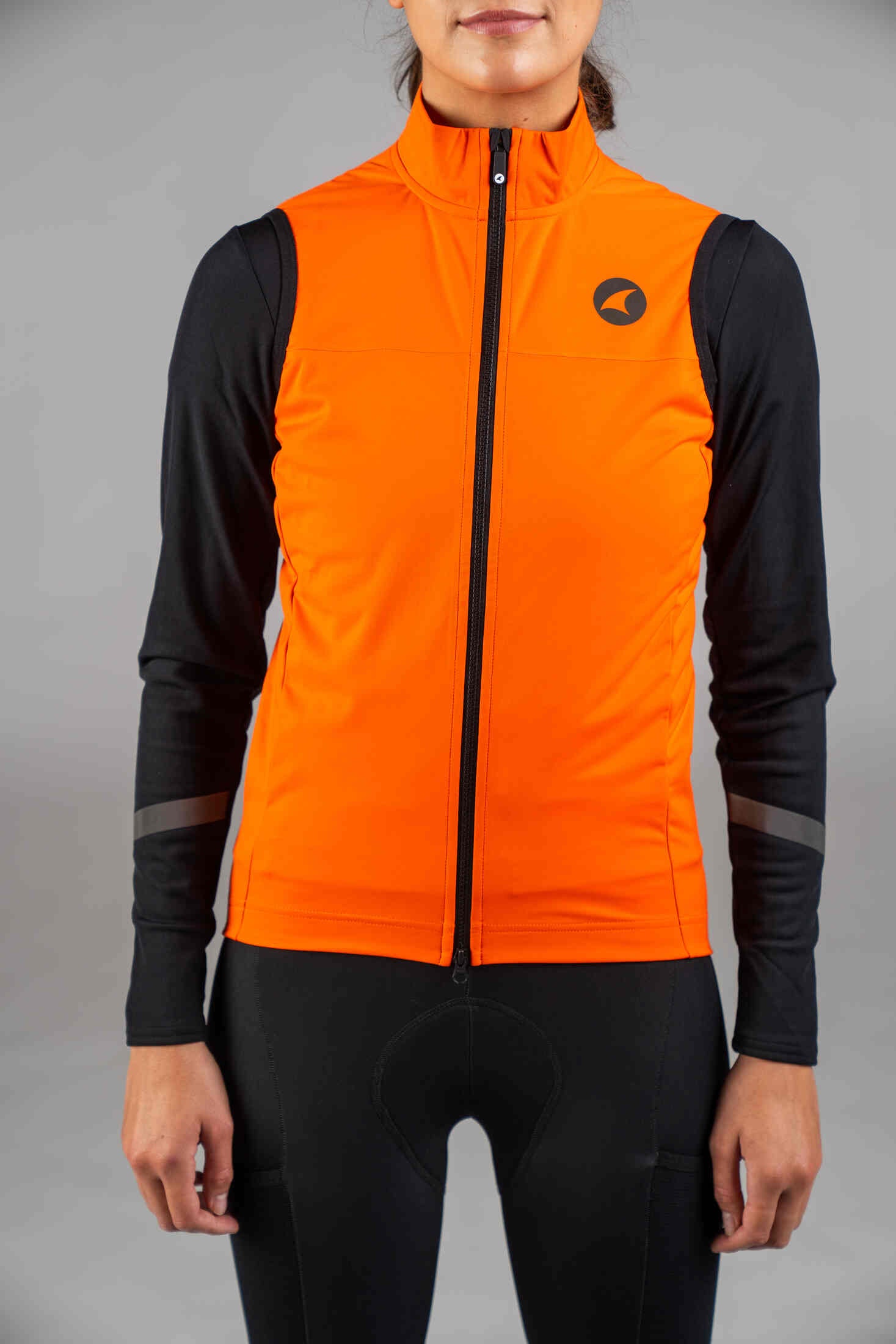 Women's Red Orange Water-Resistant Cycling Vest - Front Close-Up