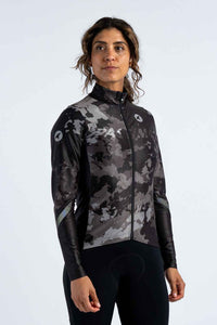 Women's Black Camo Water-Resistant Thermal Cycling Jersey - Front View