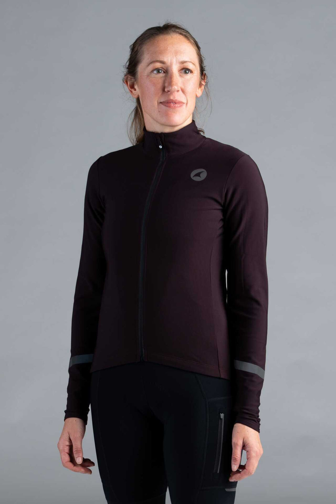 Women's Maroon Thermal Cycling Jersey - Front View Close-Up