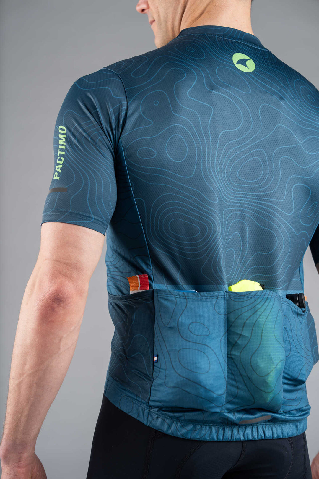 Men's Teal Cargo Cycling Jersey in Teal Topo Design - Back Pockets