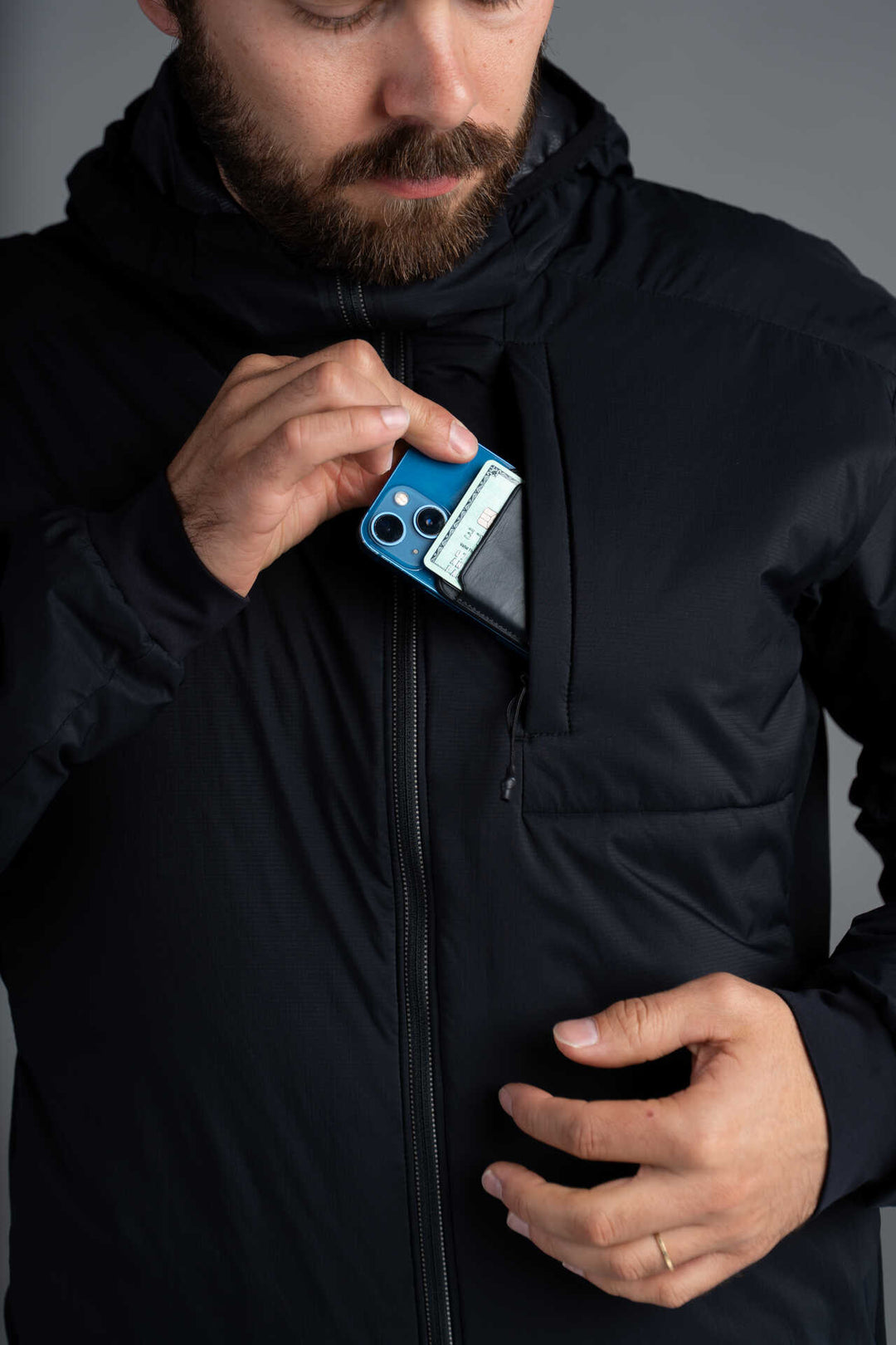 Men's Black Winter Insulated Cycling Jacket - Front Zippered Valuables Pocket