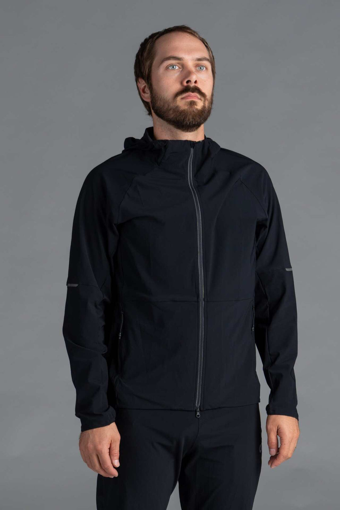 Men's Black Lightweight Cycling Jacket with Hood - Front View