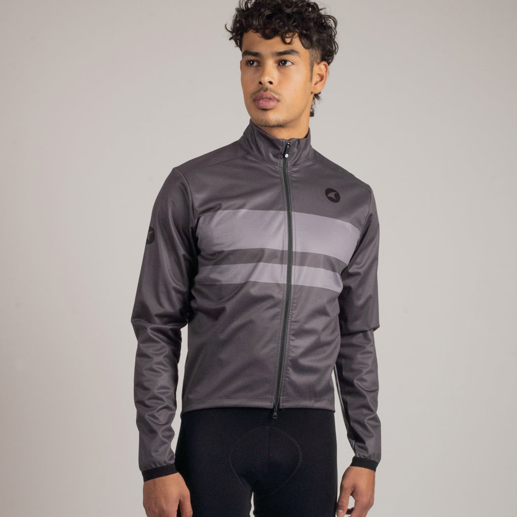 Mens Cycling Jacket for Cool Weather - On Body Front View #color_slate