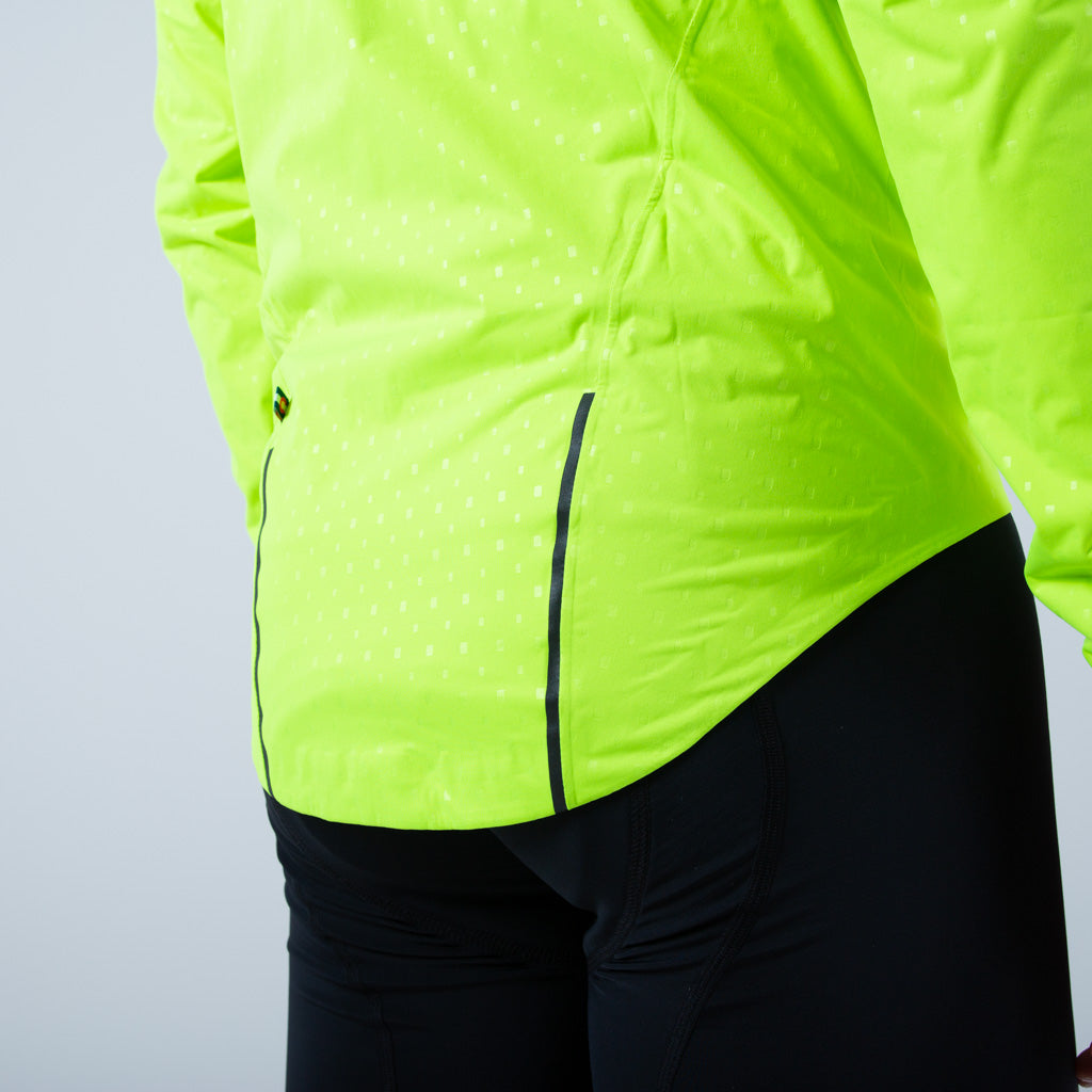 Breathable Waterproof Cycling Jacket For Men on body Drop Tail Detail #color_manic-yellow