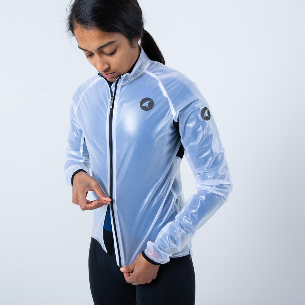 Women's Lightweight Cycling Rain Jacket Two-Way Zipper #color_clear-black