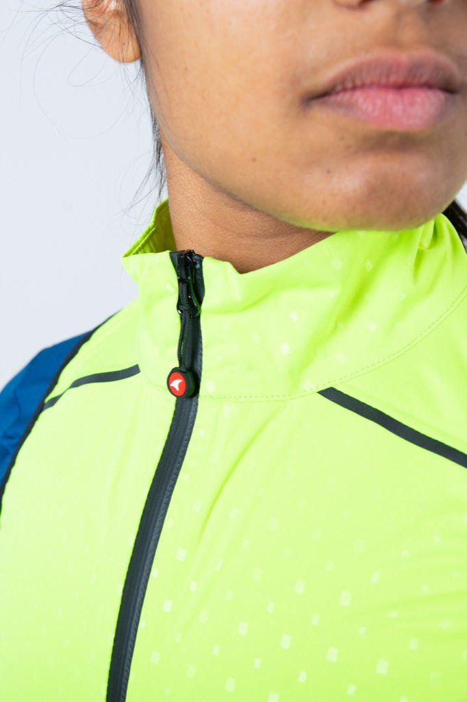 Waterproof Cycling Rain Vest for Women - Collar Detail #color_manic-yellow