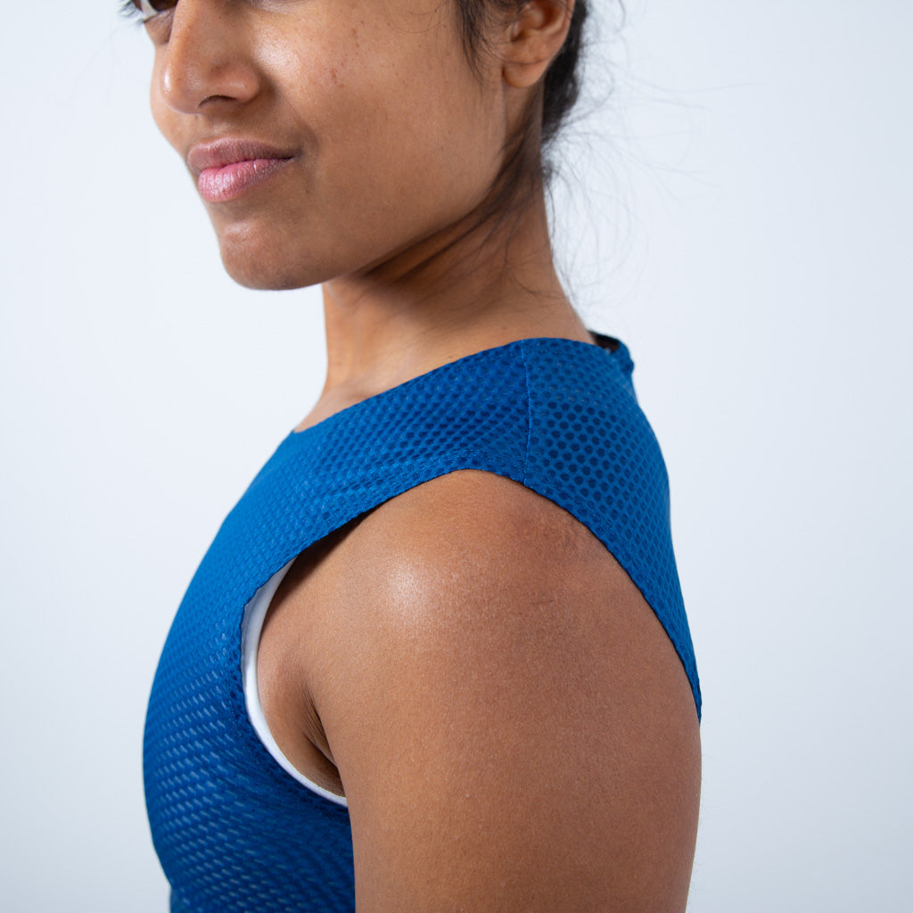 Women's Lightweight Sleeveless Cycling Base Layer - On Body Shoulder Detail #color_navy