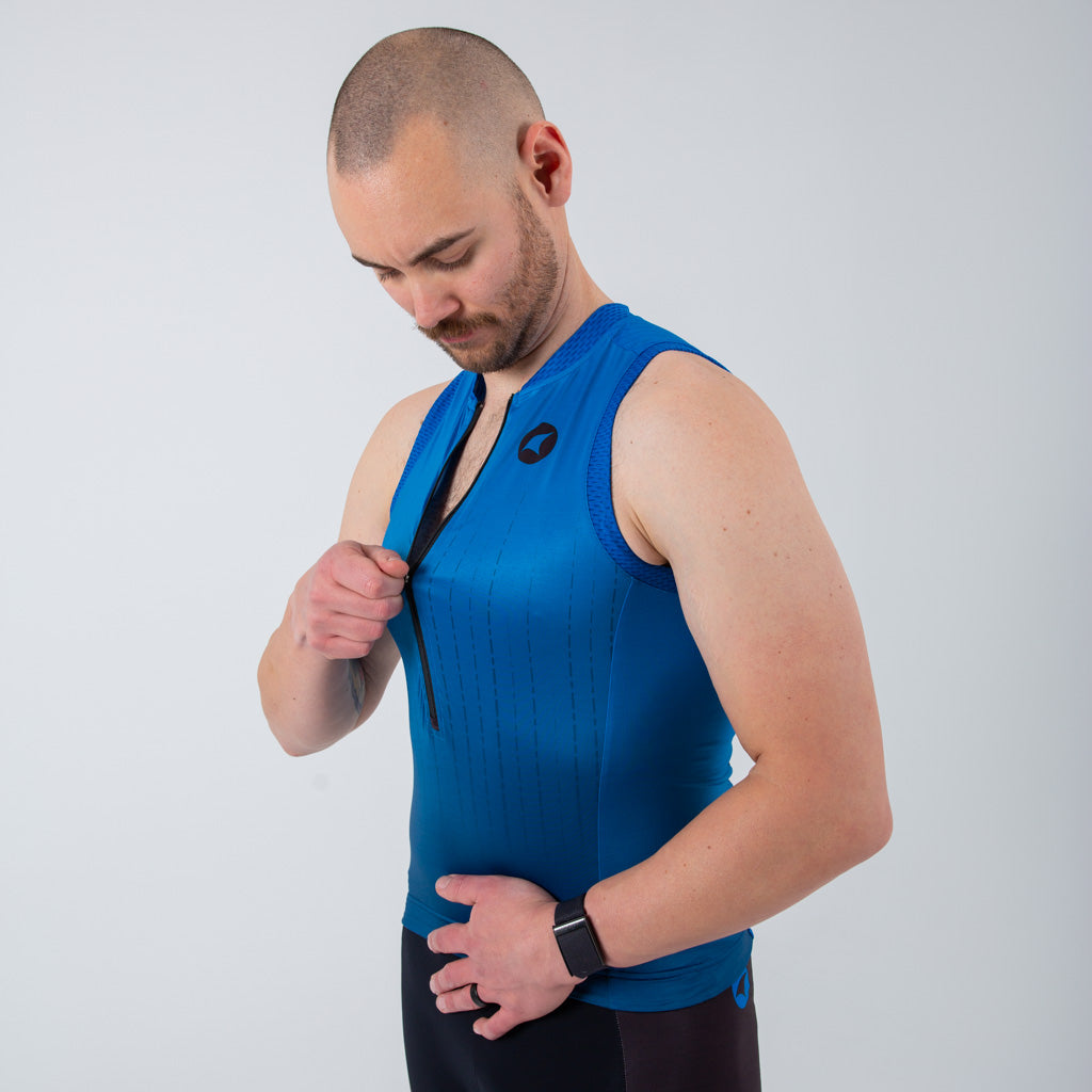 Sleeveless Tri Top Mens - on body Front Zipper #color_blue