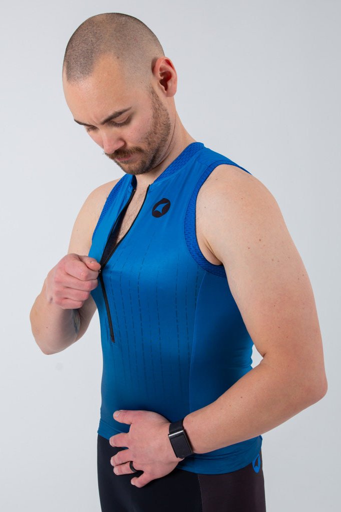 Sleeveless Tri Top Mens - on body Front Zipper #color_blue