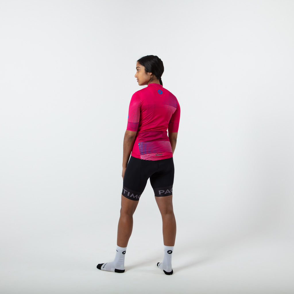 Women's Summer Cycling Jersey Convergence Design on body Back View #color_orchid