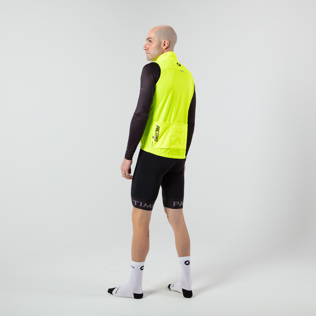 Men's Cool Weather Cycling Vest With Pockets On Body Left Side View #color_manic-yellow