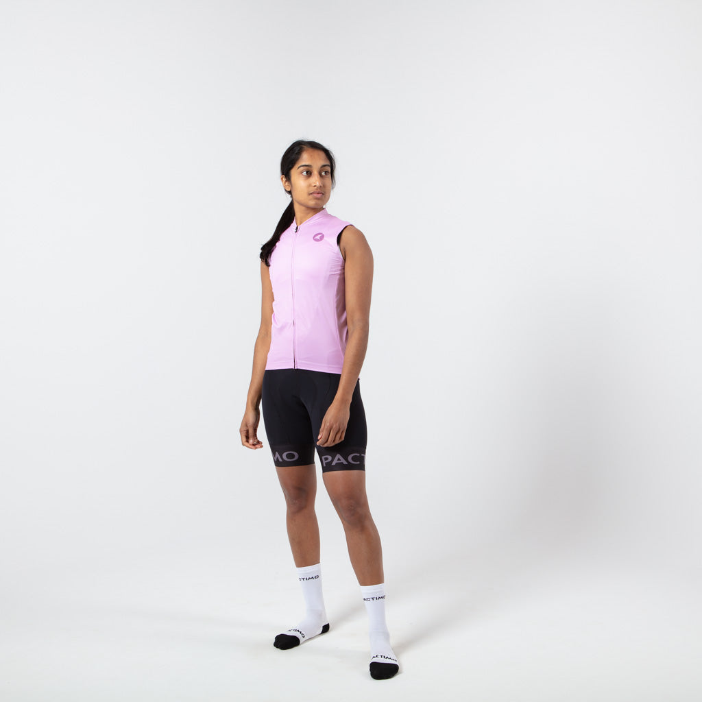 Women's Sleeveless Cycling Jersey on body Front View #color_lilac