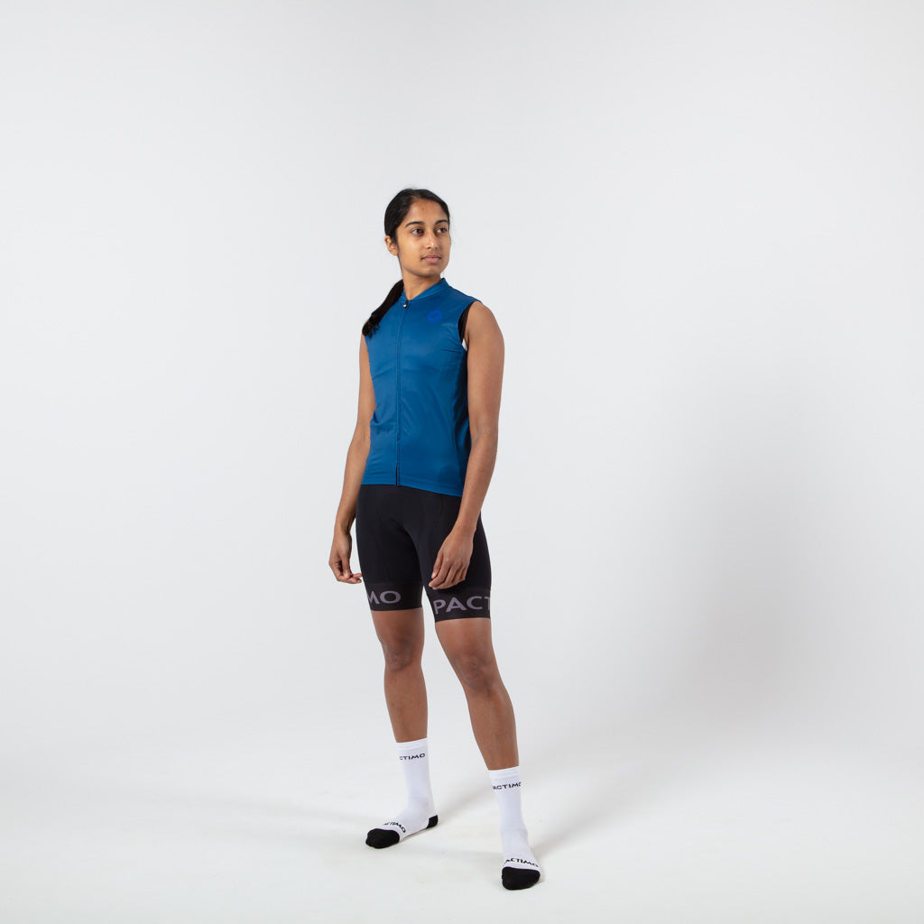 Women's Sleeveless Cycling Jersey on body Front View #color_navy