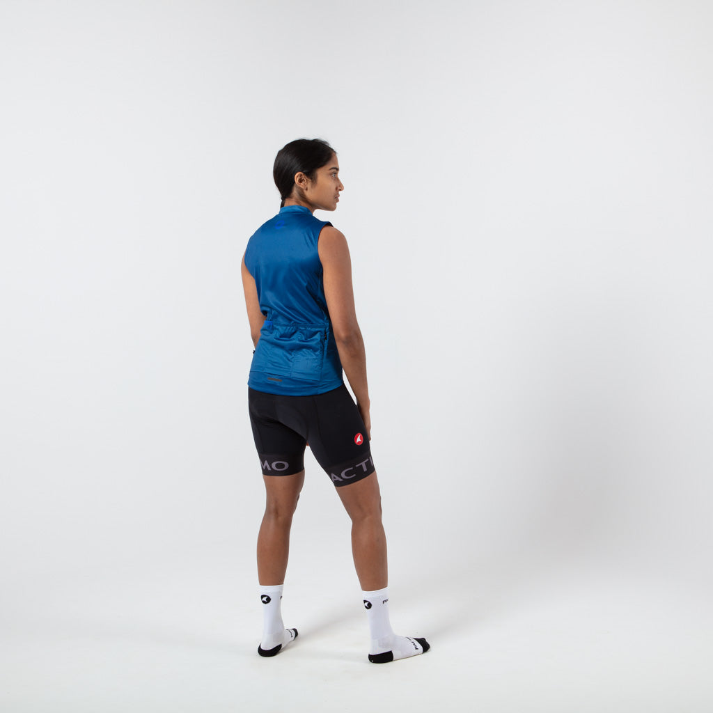 Women's Sleeveless Cycling Jersey on body Back View #color_navy