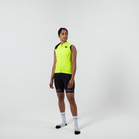 Women's Sleeveless Cycling Jersey on body Front View #color_manic-yellow
