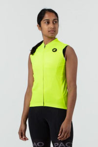 Women's Sleeveless Cycling Jersey on body Front View #color_manic-yellow