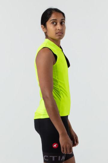 Women's Sleeveless Cycling Jersey on body Side View #color_manic-yellow