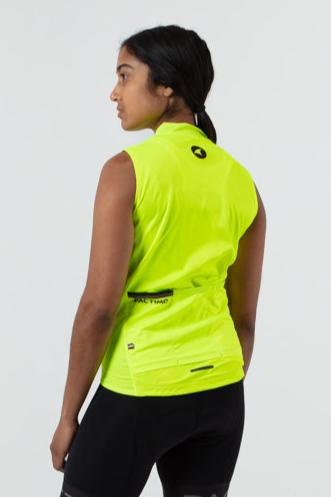 Women's Sleeveless Cycling Jersey on body Left Side View #color_manic-yellow