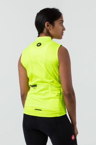 Women's Sleeveless Cycling Jersey on body Back View #color_manic-yellow