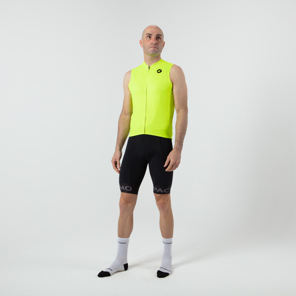 Men's Sleeveless Cycling Jersey On Body Front View #color_manic-yellow