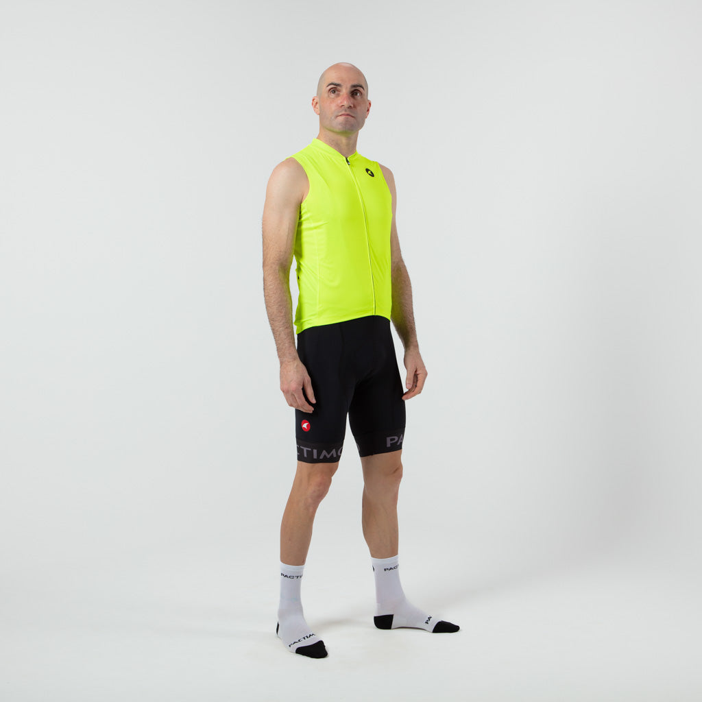 Men's Sleeveless Cycling Jersey On Body Front Left View #color_manic-yellow