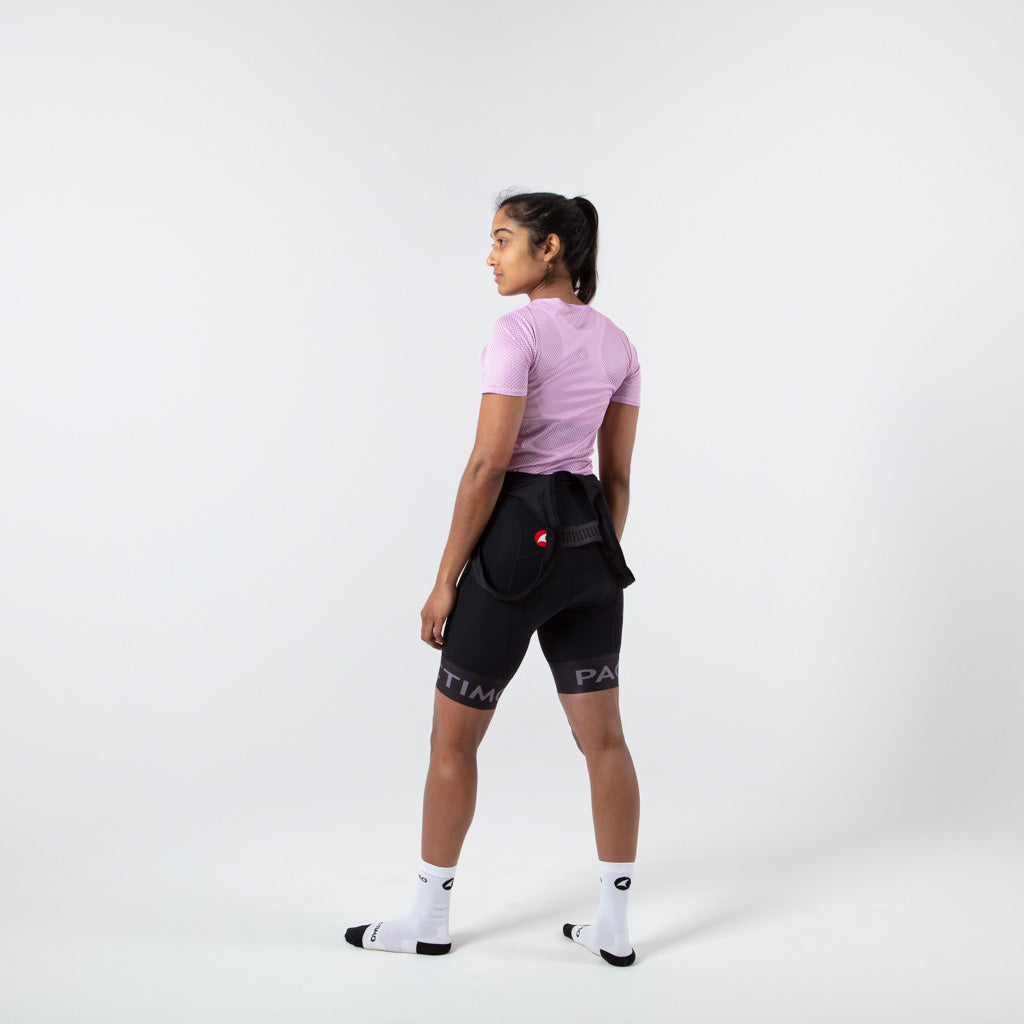 Women's Lightweight Short Sleeve Cycling Base Layer - On Body Left Side View #color_lilac