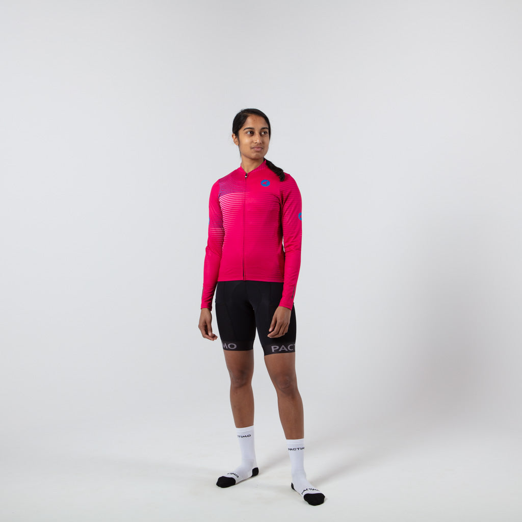 Women's Long Sleeve Cycling Jersey Convergence Design on body Front View #color_orchid