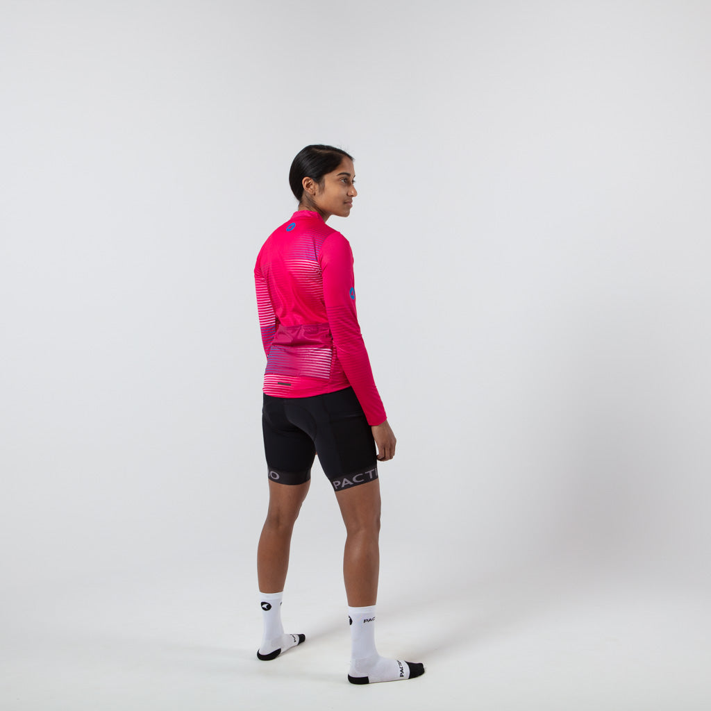 Women's Long Sleeve Cycling Jersey Convergence Design on body Back View #color_orchid