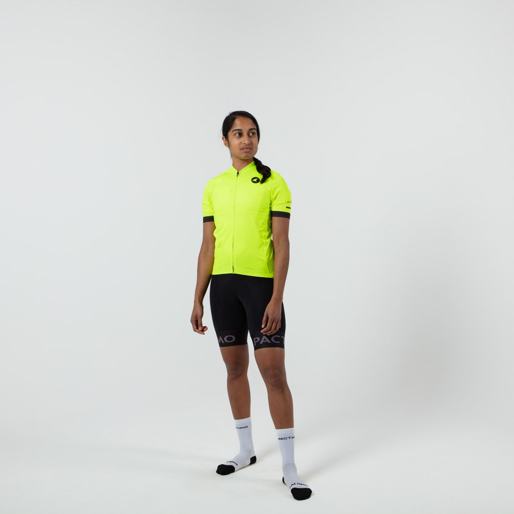 Womens Bike Jersey On Body Front View #color_manic-yellow